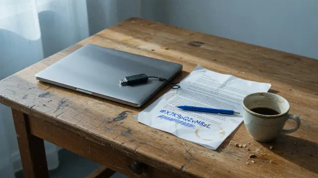 A laptop on a wooden desk showing a terminal with a git checkout line, a USB key beside it, cool daylight, no logos, no readable UI text