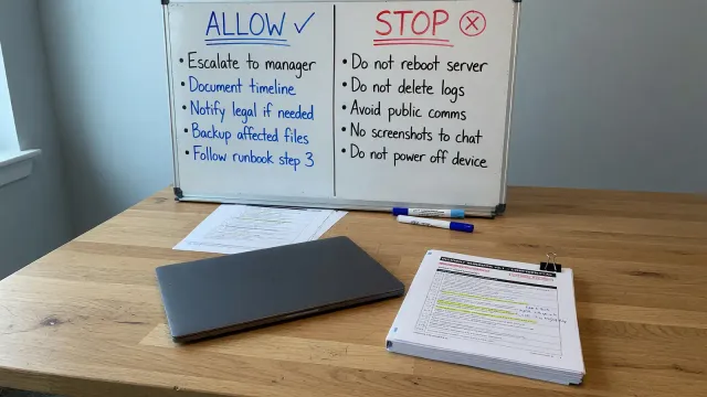 Office whiteboard with ALLOW and STOP columns, a laptop, and a printed incident runbook on the table, no vendor logos
