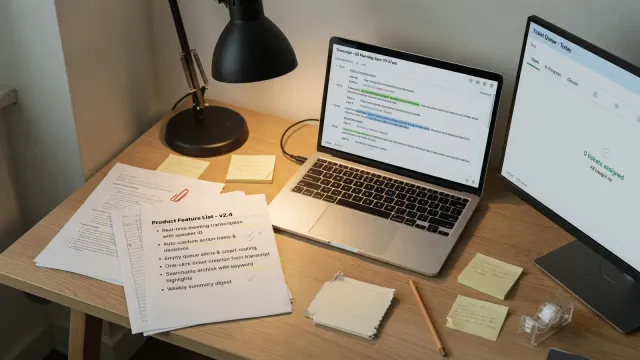 Printed Zoomtopia feature list on a desk next to a laptop with a meeting transcript and an empty ticket queue, office lamp, no logos